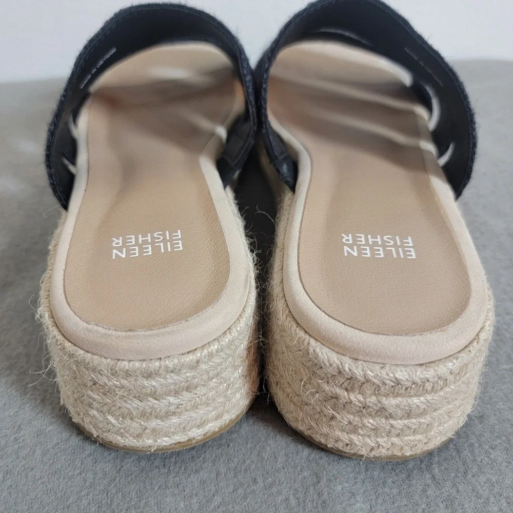 Eileen Fisher Mayla Black Jute Espadrille Platform Sandals Beach Coastal 8 EUC